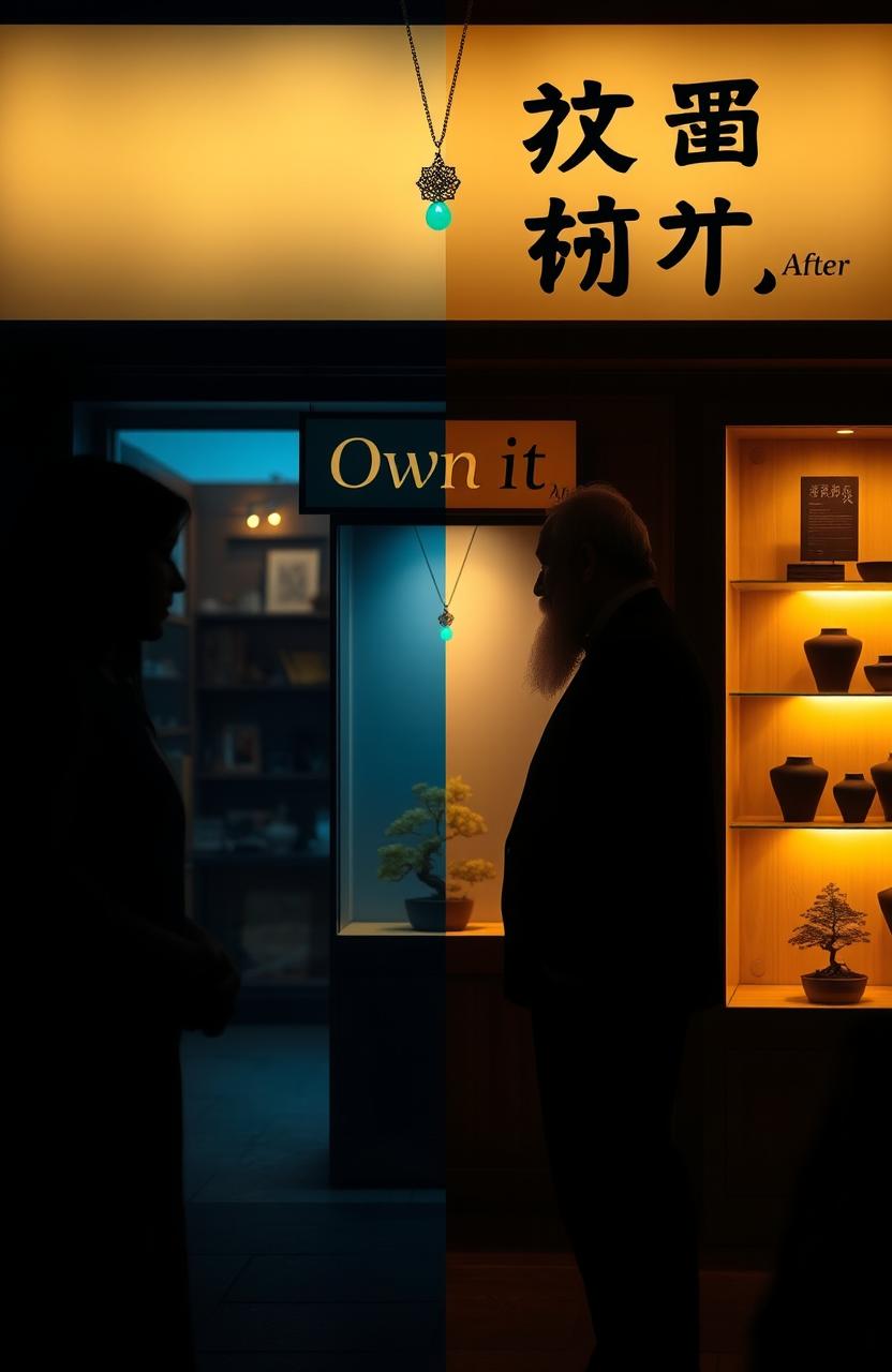 A visually divided shop scene: one half shrouded in shadows (before) and the other half glowing with warm golden light (after)
