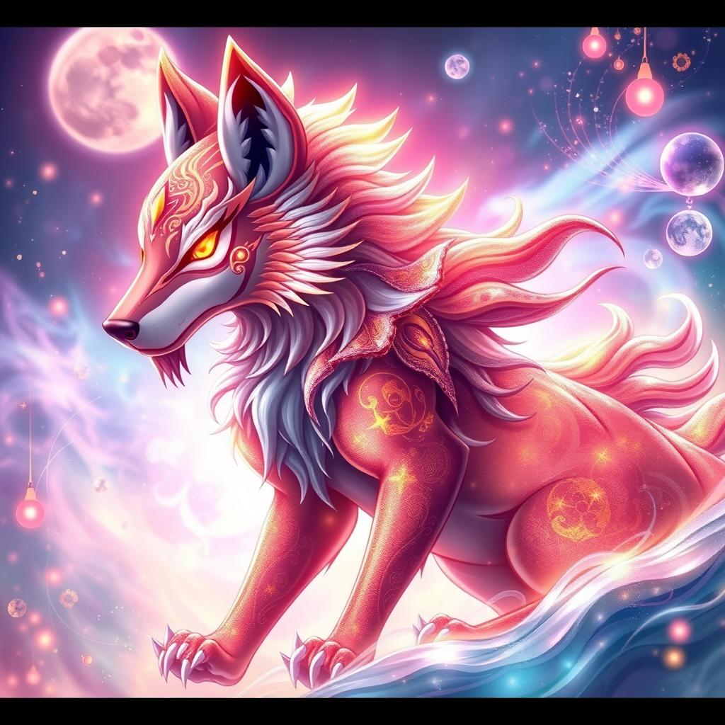 A vibrant and dynamic artwork featuring a 'Kawami' (miraculous guardian) inspired by a wolf