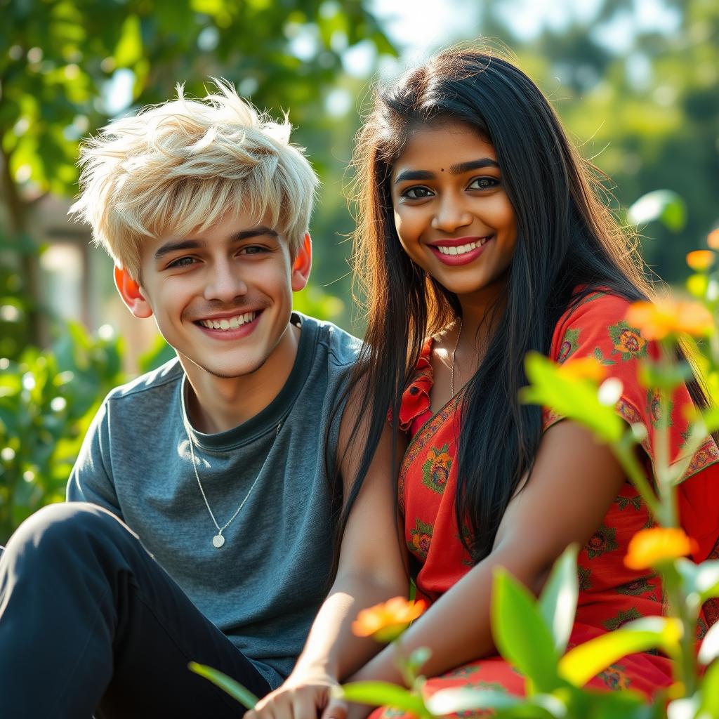 A charming scene featuring a handsome young man resembling Stray Kids member Felix, with light blonde hair styled in a casual, textured look, sitting happily next to a beautiful Sri Lankan girl with long, dark hair and warm brown skin