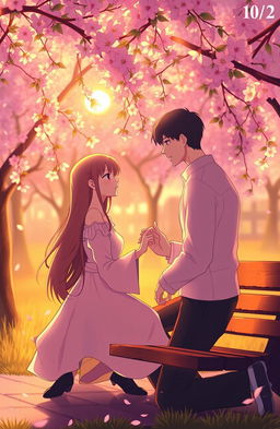 A poignant and soft romance scene featuring a couple in a serene park during sunset