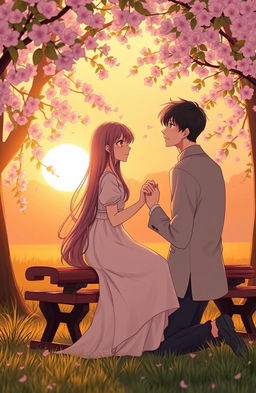 A poignant and soft romance scene featuring a couple in a serene park during sunset
