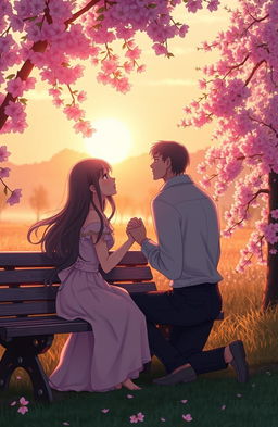 A poignant and soft romance scene featuring a couple in a serene park during sunset