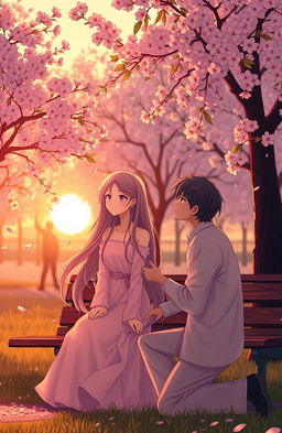 A poignant and soft romance scene featuring a couple in a serene park during sunset