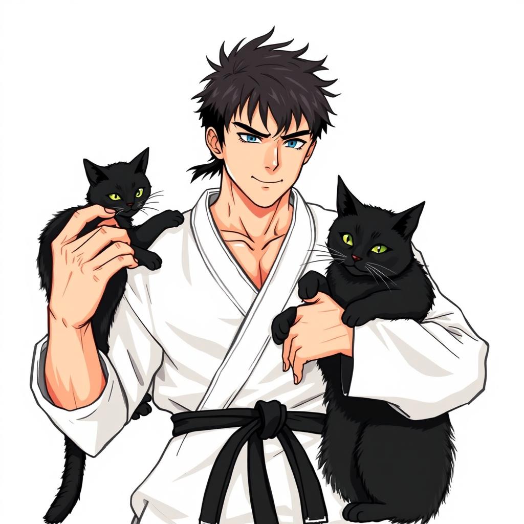 An artistic illustration of a black belt fighter affectionately caressing two beautiful black cats