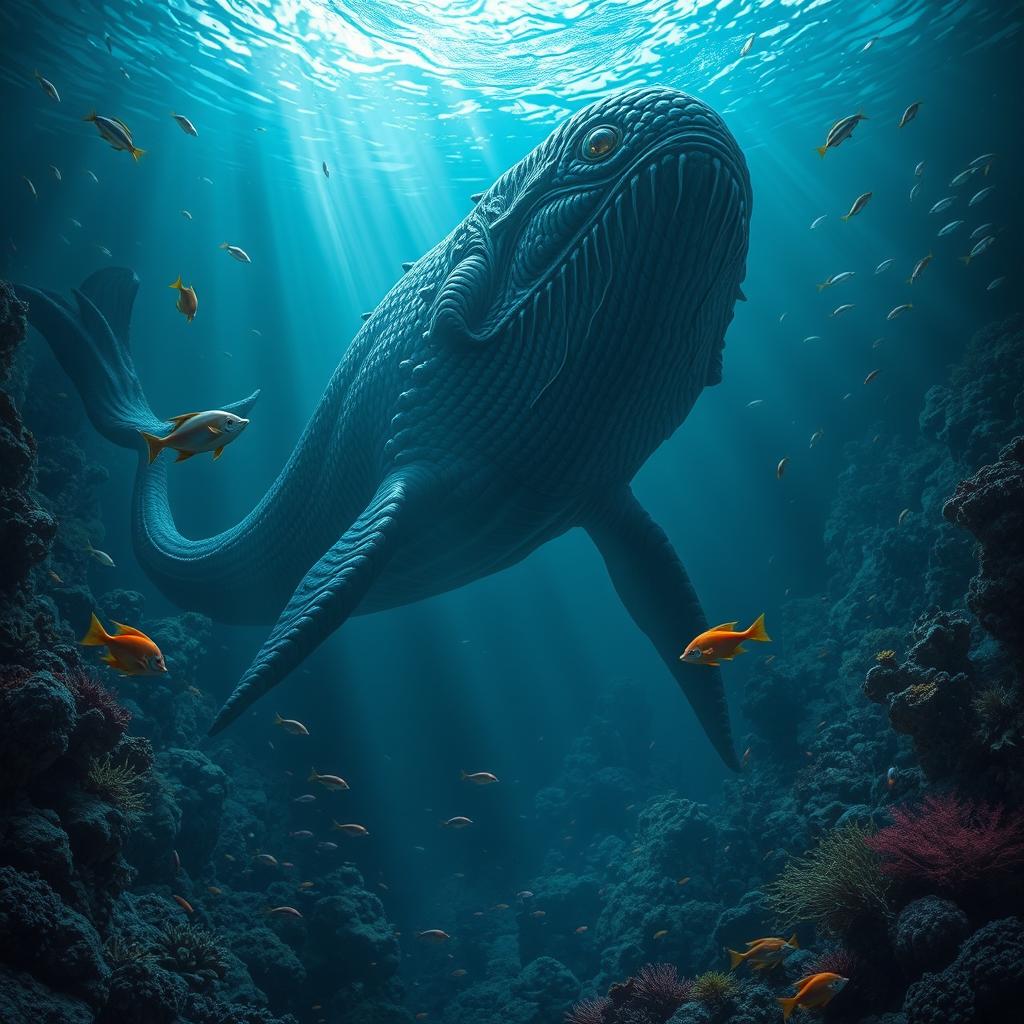 An expansive, deep ocean scene featuring the biblical Leviathan lurking in the depths
