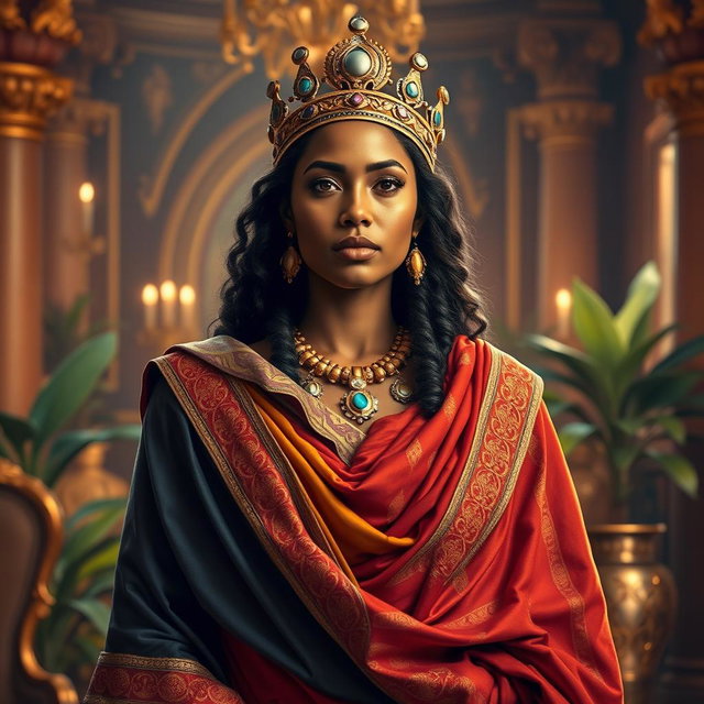 A stunning depiction of the Queen of Sheba, portrayed wearing elegant, royal wrapped fabrics that drape gracefully around her form