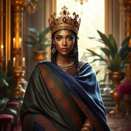 A stunning depiction of the Queen of Sheba, portrayed wearing elegant, royal wrapped fabrics that drape gracefully around her form