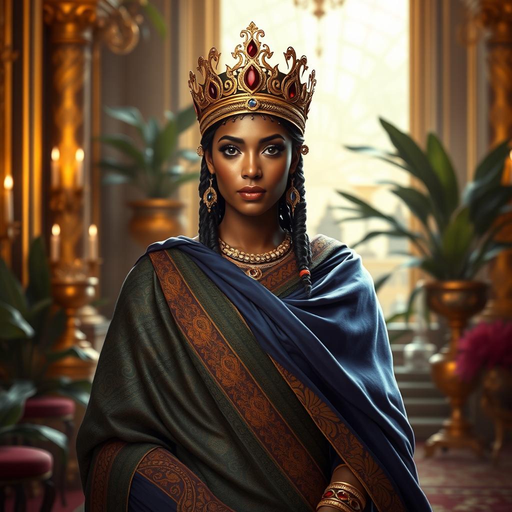 A stunning depiction of the Queen of Sheba, portrayed wearing elegant, royal wrapped fabrics that drape gracefully around her form