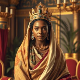 A stunning depiction of the Queen of Sheba, portrayed wearing elegant, royal wrapped fabrics that drape gracefully around her form