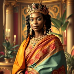 A stunning depiction of the Queen of Sheba, portrayed wearing elegant, royal wrapped fabrics that drape gracefully around her form