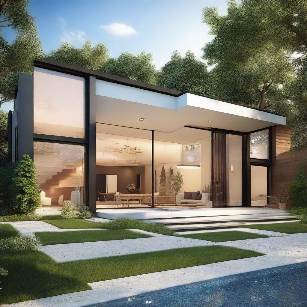 Generate a creatively designed and modern home with large windows, a spacious living room and a beautiful garden.