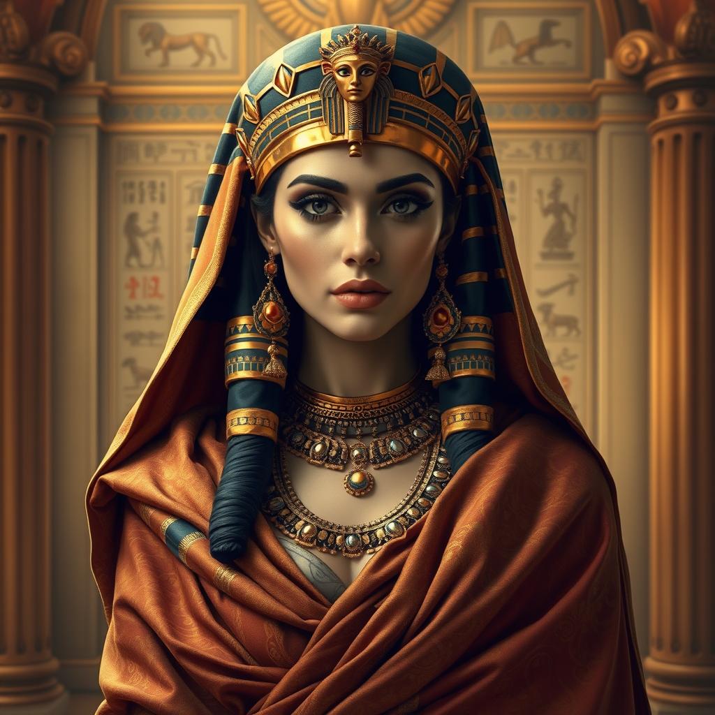 An exquisite portrayal of Cleopatra, elegantly dressed in luxurious, royal wrapped fabrics that flow beautifully around her