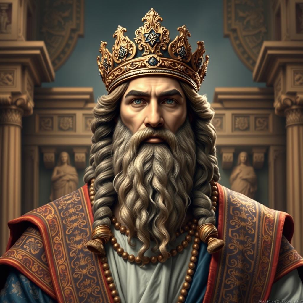 A majestic portrait of Cyrus the Great, the founder of the Achaemenid Empire