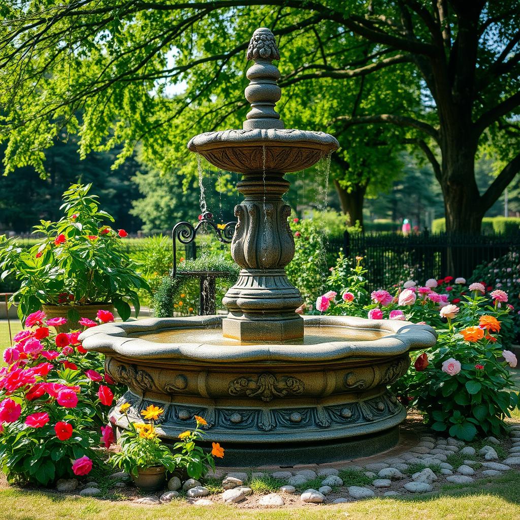 A serene and beautiful artificial stone fountain in a lush garden setting