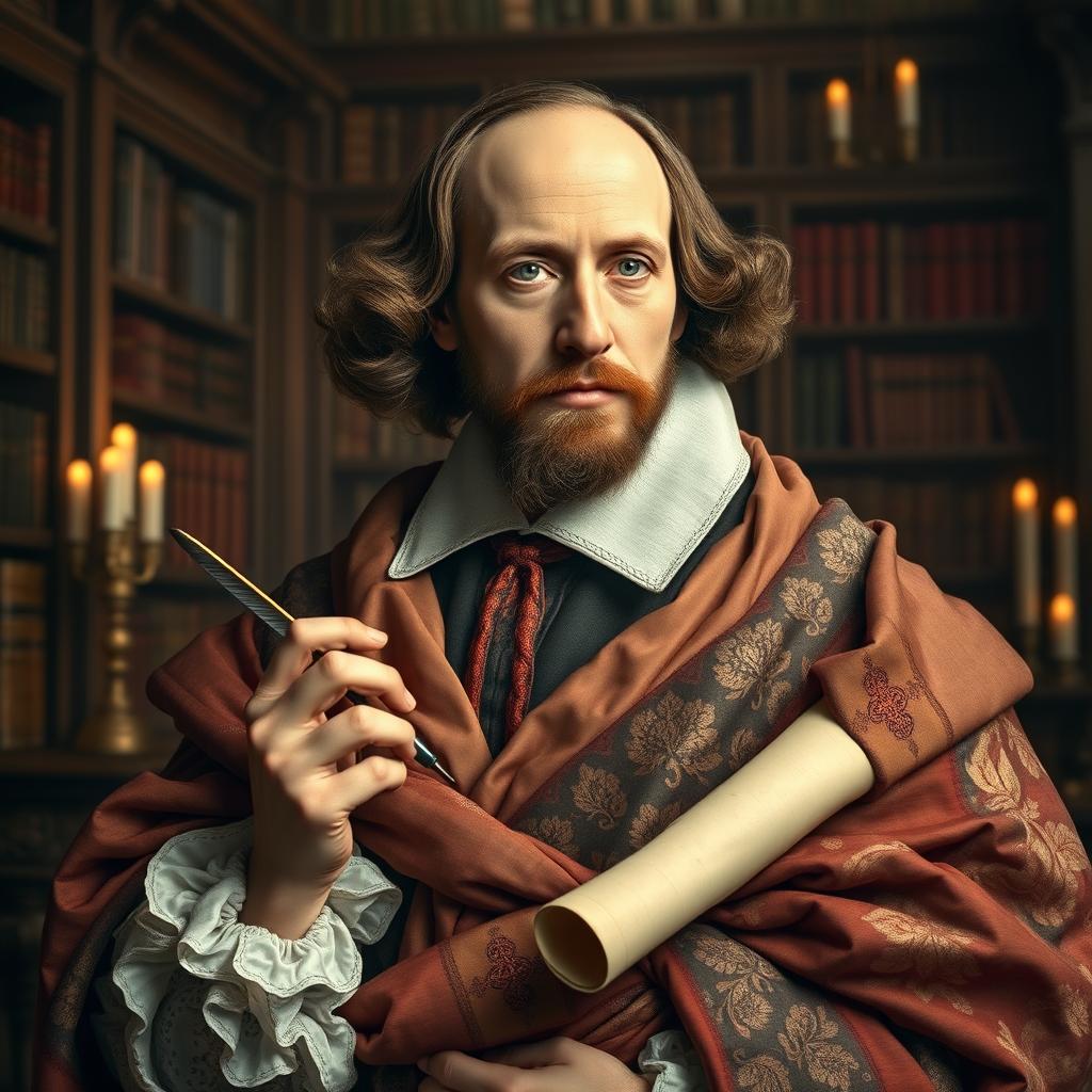 A captivating portrait of William Shakespeare, dressed in resplendent, royal wrapped fabrics that elegantly envelop him