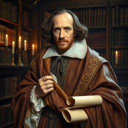 A captivating portrait of William Shakespeare, dressed in resplendent, royal wrapped fabrics that elegantly envelop him