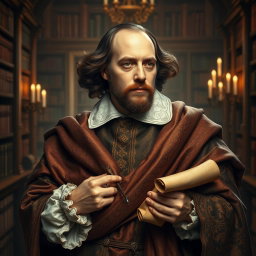 A captivating portrait of William Shakespeare, dressed in resplendent, royal wrapped fabrics that elegantly envelop him