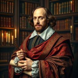 A captivating portrait of William Shakespeare, dressed in resplendent, royal wrapped fabrics that elegantly envelop him