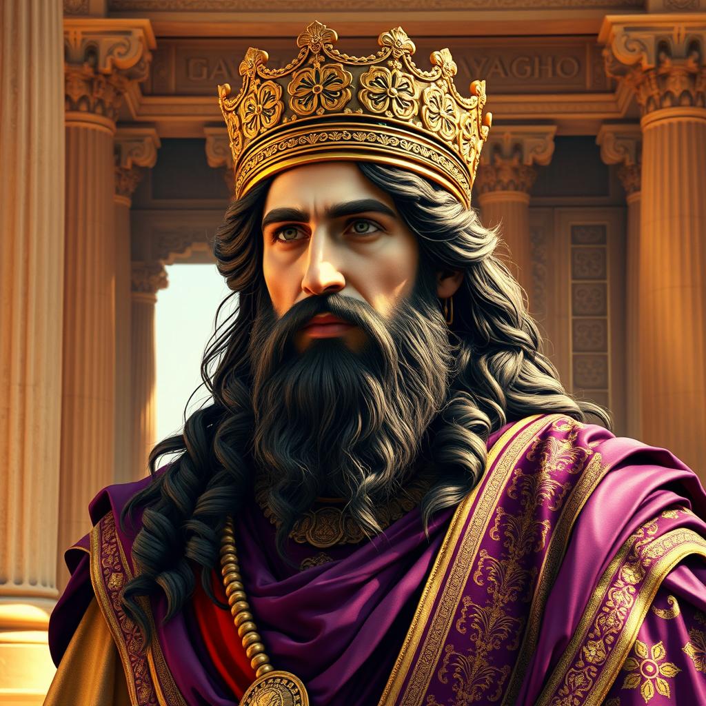A portrait of Cyrus the Great, depicted as a majestic king of ancient Persia