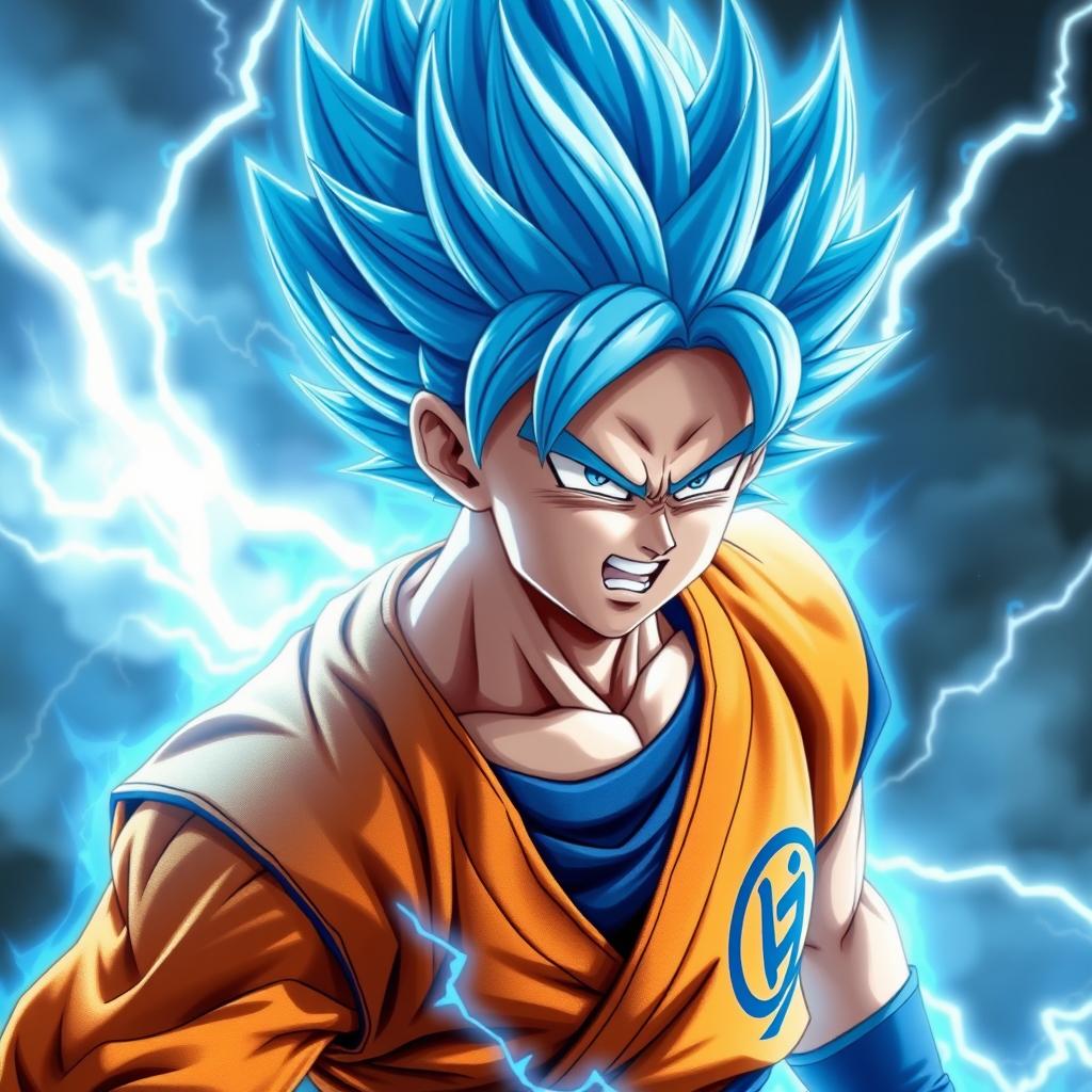 A realistic and cool depiction of Goku in his Super Saiyan Blue form, featuring his spiky blue hair glowing with energy, intense expression on his face showing determination and power, wearing his iconic orange gi with a blue undershirt, surrounded by a dynamic aura of blue and white energy, with dramatic lightning effects in the background, showcasing his martial arts pose ready for battle