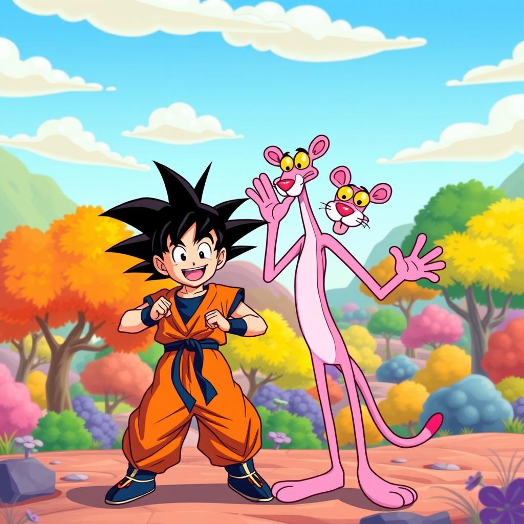 A whimsical scene featuring Goku from Dragon Ball, with his iconic spiky black hair and orange gi, standing alongside the Pink Panther, a tall and slender pink character known for his playful nature