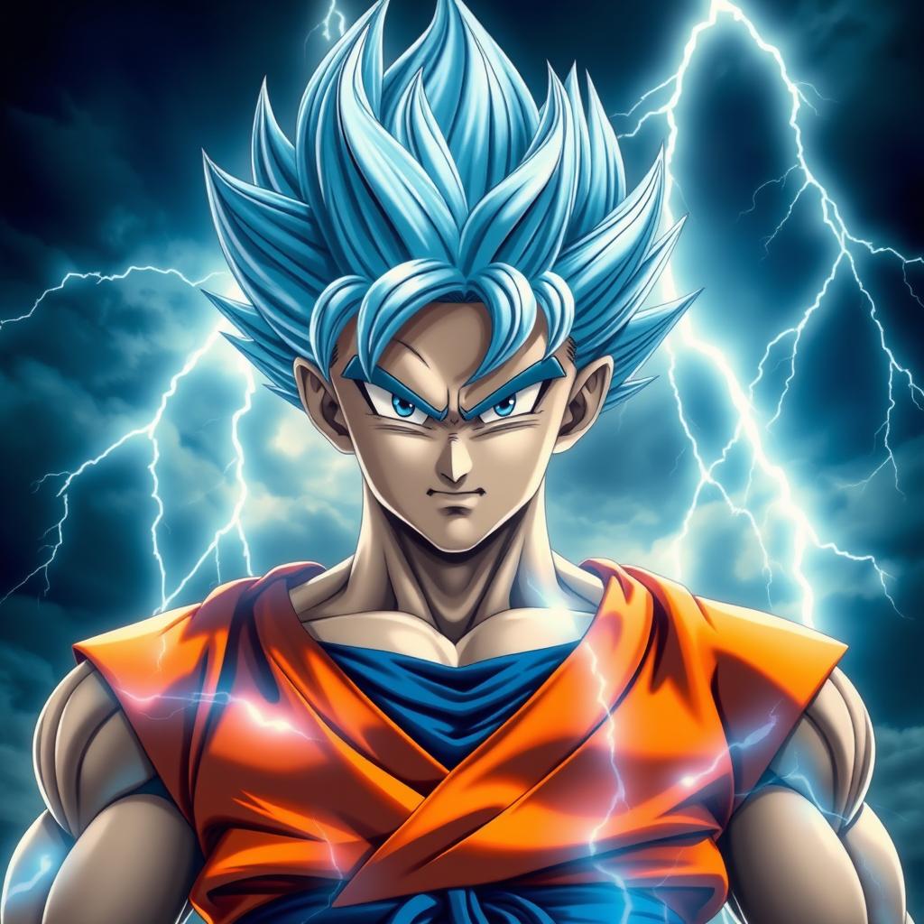 A highly realistic depiction of Goku transformed into Super Saiyan Blue, showcasing detailed facial features and a muscular physique resembling a real human