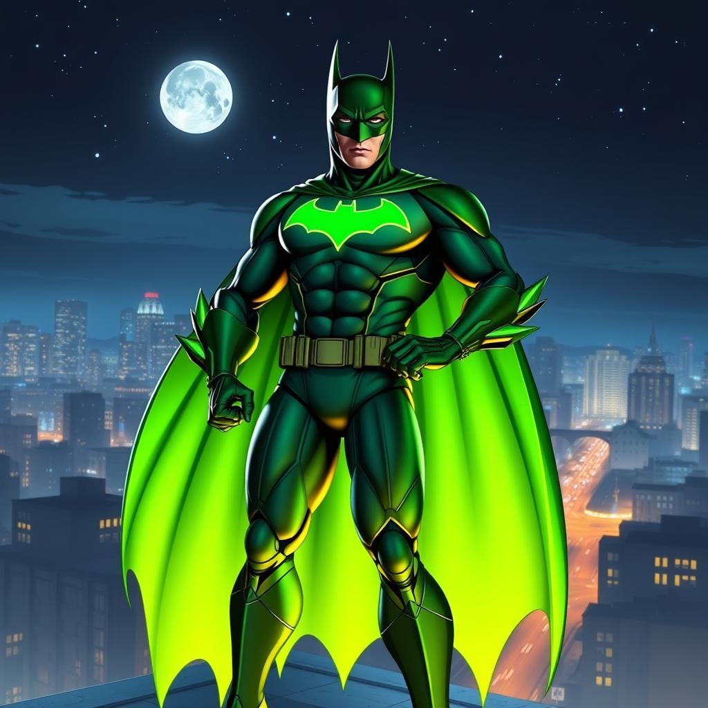 A dynamic scene featuring Batman in a vibrant green suit, standing heroically on a rooftop overlooking a bustling city at night