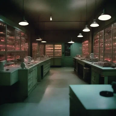 The eerie laboratory in the horror movie was filled with flickering lights and buzzing ammeters, creating a sense of impending danger.