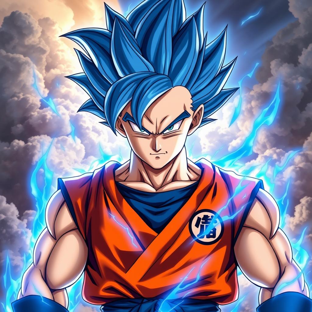 A highly detailed, realistic depiction of Goku in his Super Saiyan Blue form