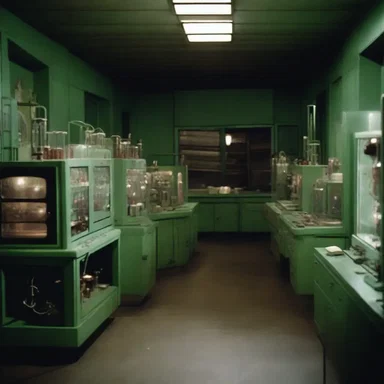The eerie laboratory in the horror movie was filled with flickering lights and buzzing ammeters, creating a sense of impending danger.