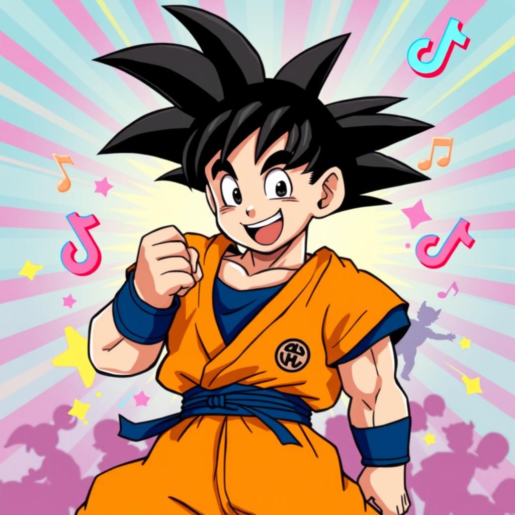 Goku in a vibrant and dynamic pose, showcasing his iconic spiky black hair and the traditional orange gi with a blue undershirt, surrounded by colorful TikTok graphics and symbols