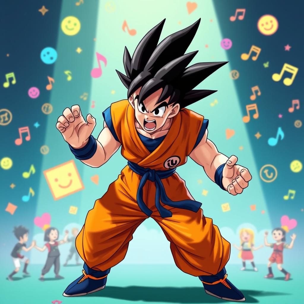 Goku in a powerful stance, dressed in his signature orange gi with a blue undershirt, set against a lively TikTok background
