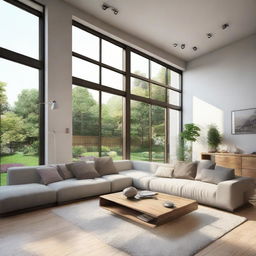 Generate a creatively designed and modern home with large windows, a spacious living room and a beautiful garden.