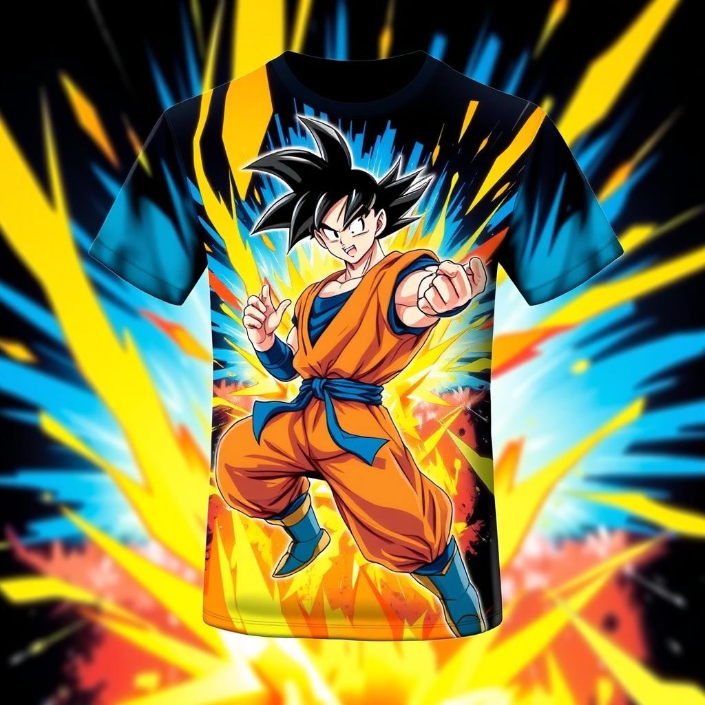 A stylish and modern t-shirt featuring a vibrant graphic design of Goku from the popular anime Dragon Ball