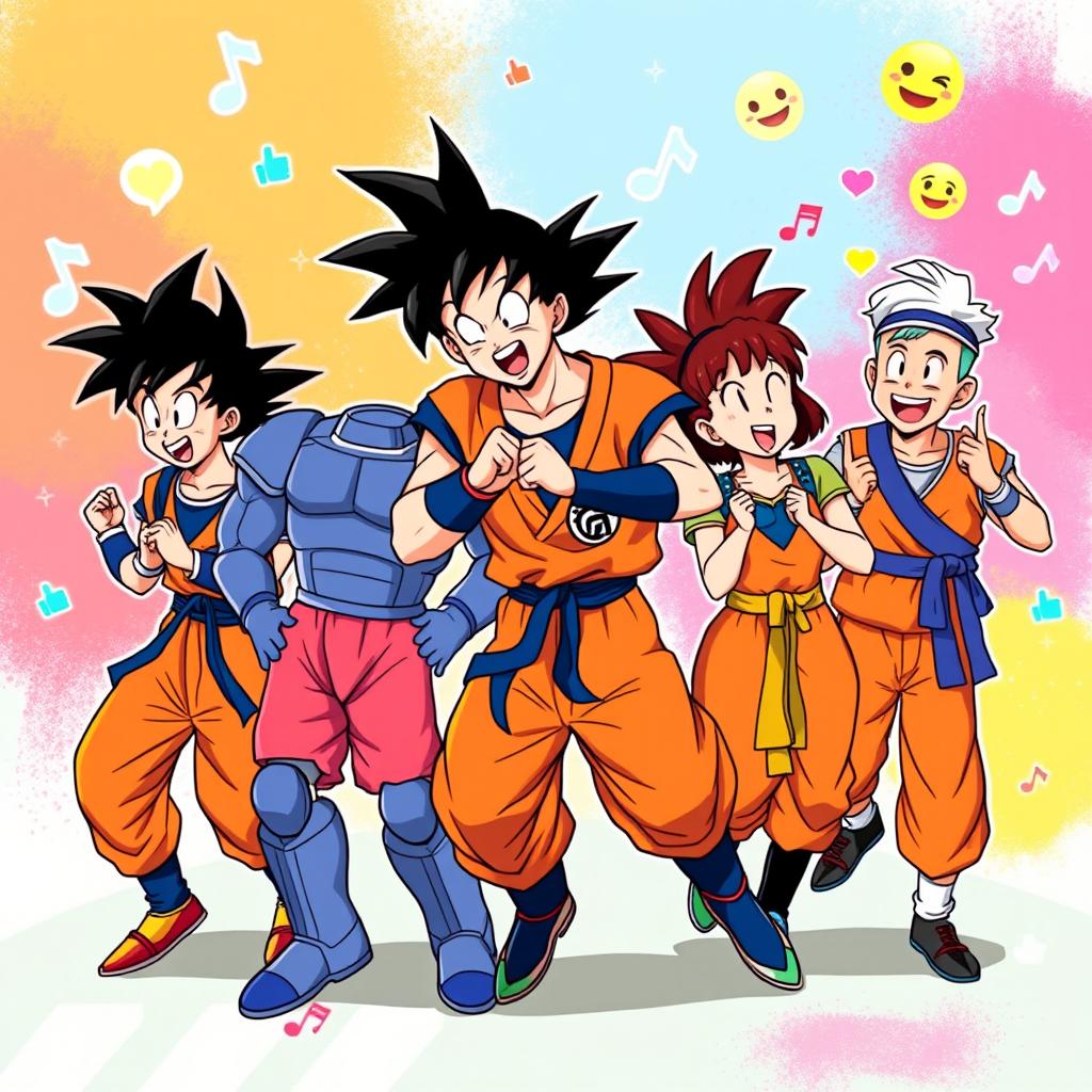 Goku alongside his friends Vegeta, Bulma, and Piccolo, all portrayed in their classic anime styles, engaging in a fun TikTok dance challenge
