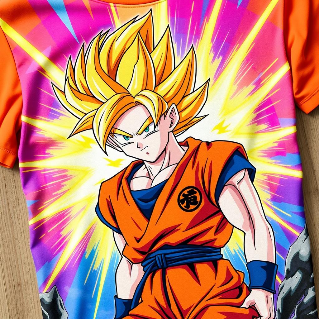 A vibrant and stylish t-shirt featuring a large, high-quality print of the iconic character Goku from the Dragon Ball series