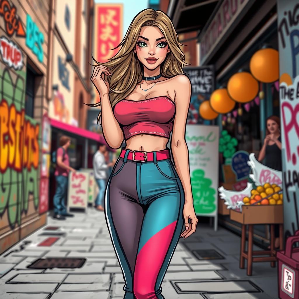 A close-up illustration of a stylish woman wearing colorful, high-waisted leggings that accentuate her figure, complemented by a trendy crop top