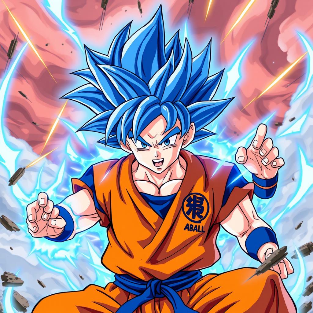 A dynamic anime style illustration of Goku in his Super Saiyan Blue form, showcasing his spiky blue hair glowing with power
