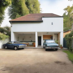 A neat house with two rooms located on the right, a car parked in the left corner. The main door reveals an appealing living area, with the kitchen neatly tucked away at the end.