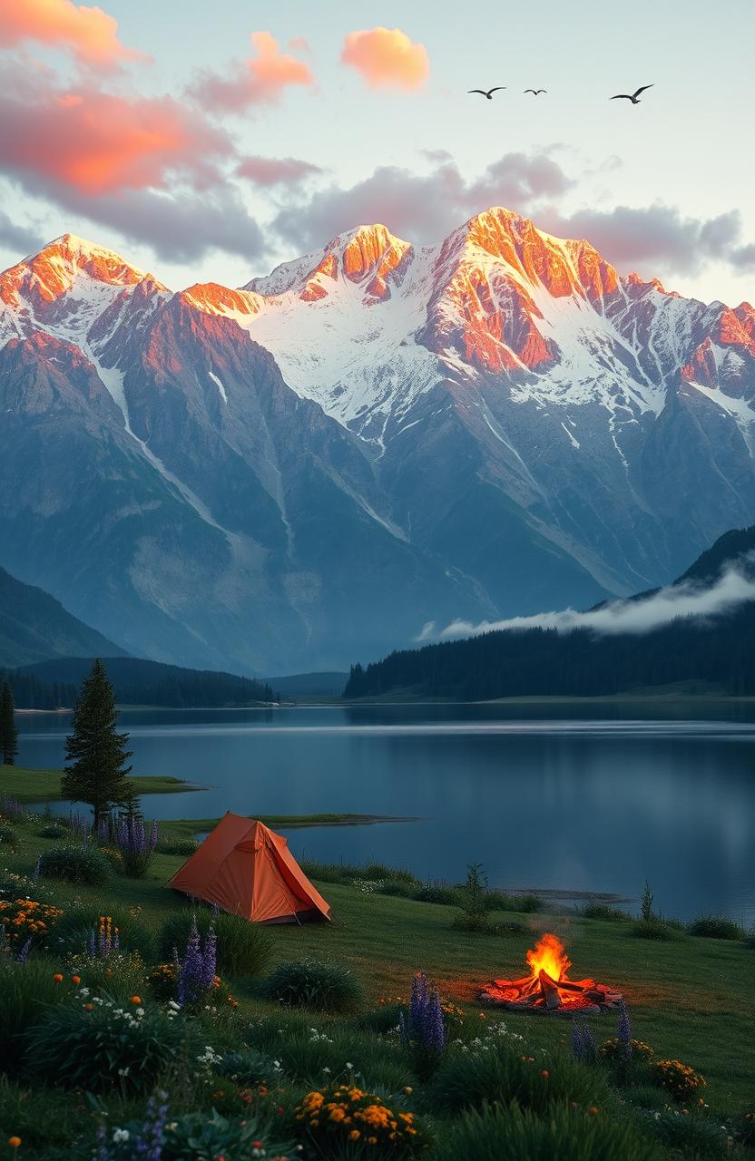 A serene landscape depicting a majestic mountain range at sunset, with snow-capped peaks glowing orange and pink from sunlight