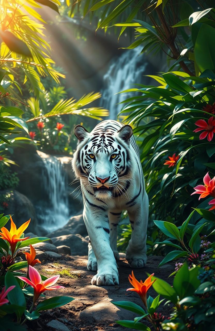 A majestic white tiger walking through a lush tropical rainforest, surrounded by vibrant green foliage and colorful exotic flowers
