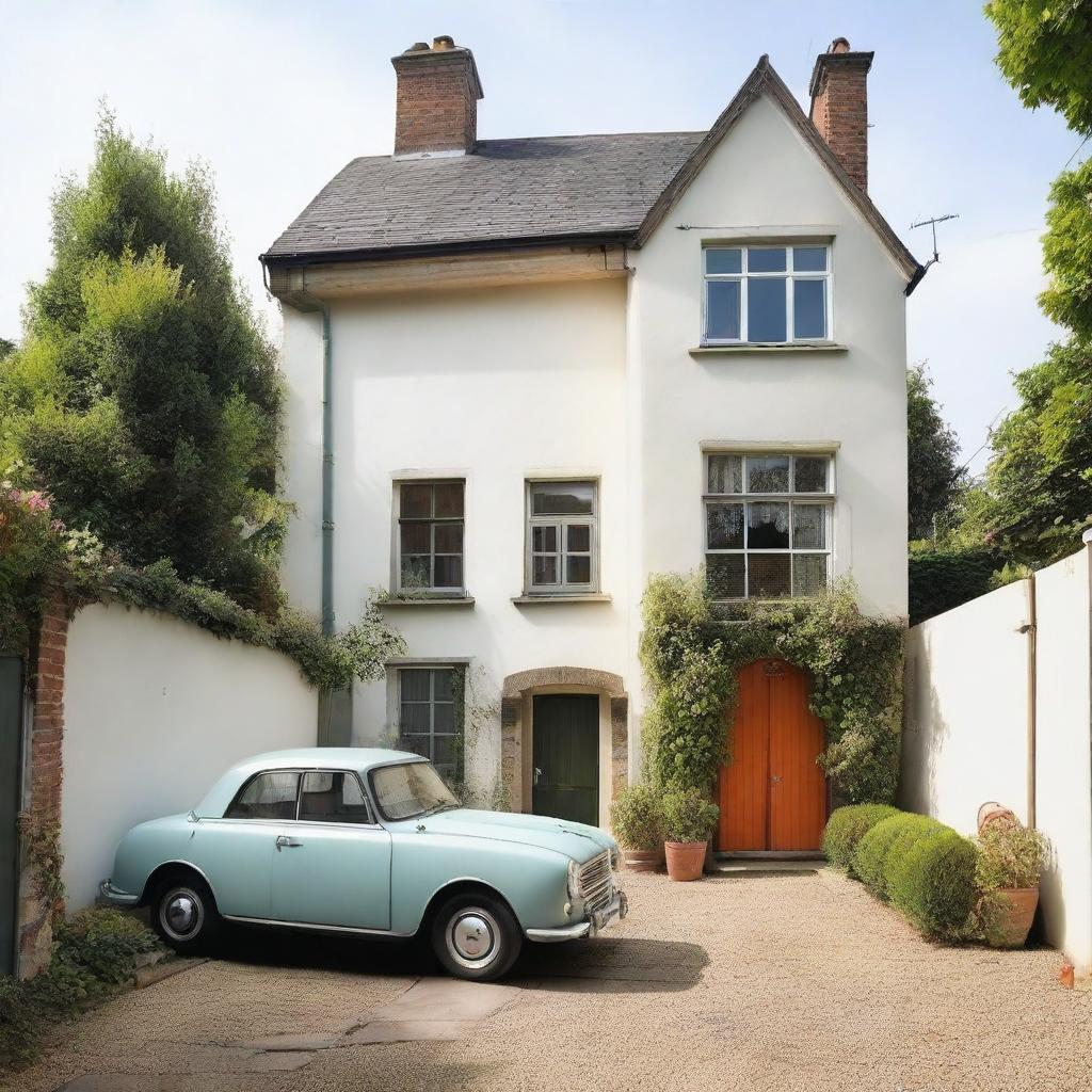 A neat house with two rooms located on the right, a car parked in the left corner. The main door reveals an appealing living area, with the kitchen neatly tucked away at the end.