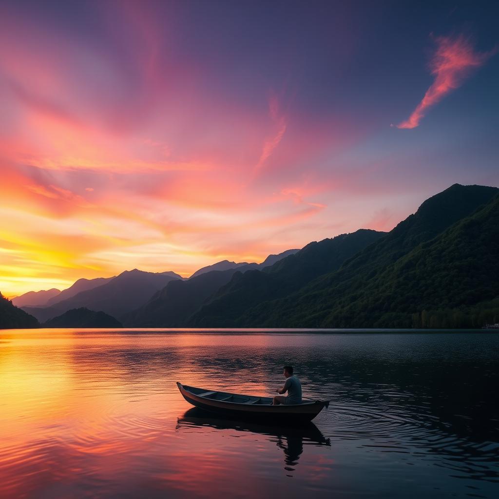 A majestic sunset over a serene lake surrounded by lush green mountains