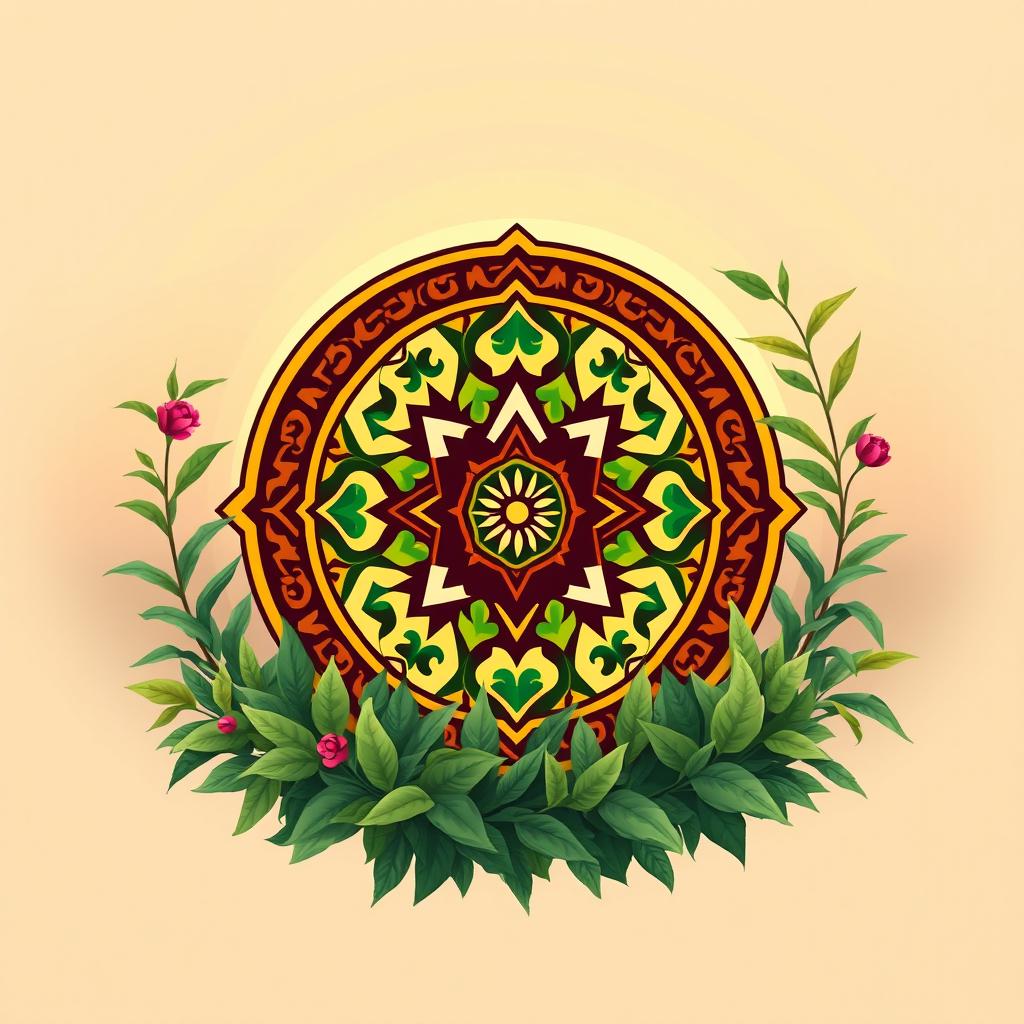 A beautifully designed emblem representing the ancient Talesh culture in Iran, featuring traditional elements such as intricate geometric patterns, vibrant colors, and motifs inspired by nature like mountains and rivers