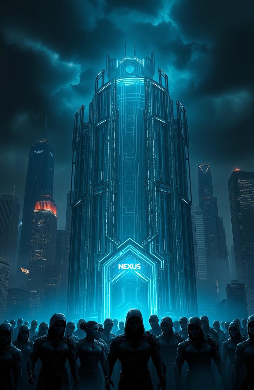 A dark and futuristic city skyline, dominated by towering buildings and neon lights