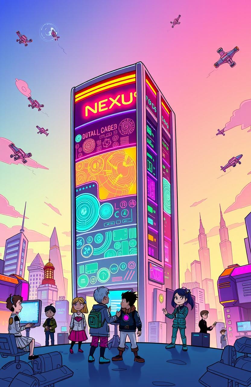 A vibrant, stylized cartoon depiction of a futuristic cityscape dominated by a massive digital archive called 'Nexus'