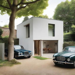 A neat house with two rooms located on the right, a car parked in the left corner. The main door reveals an appealing living area, with the kitchen neatly tucked away at the end.