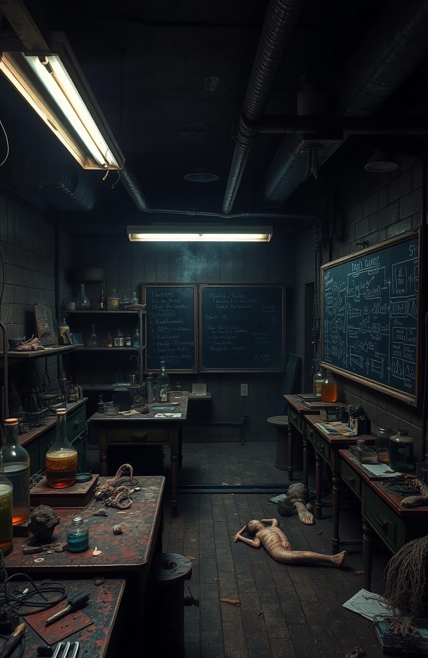 A dark, ominous basement filled with eerie experiments