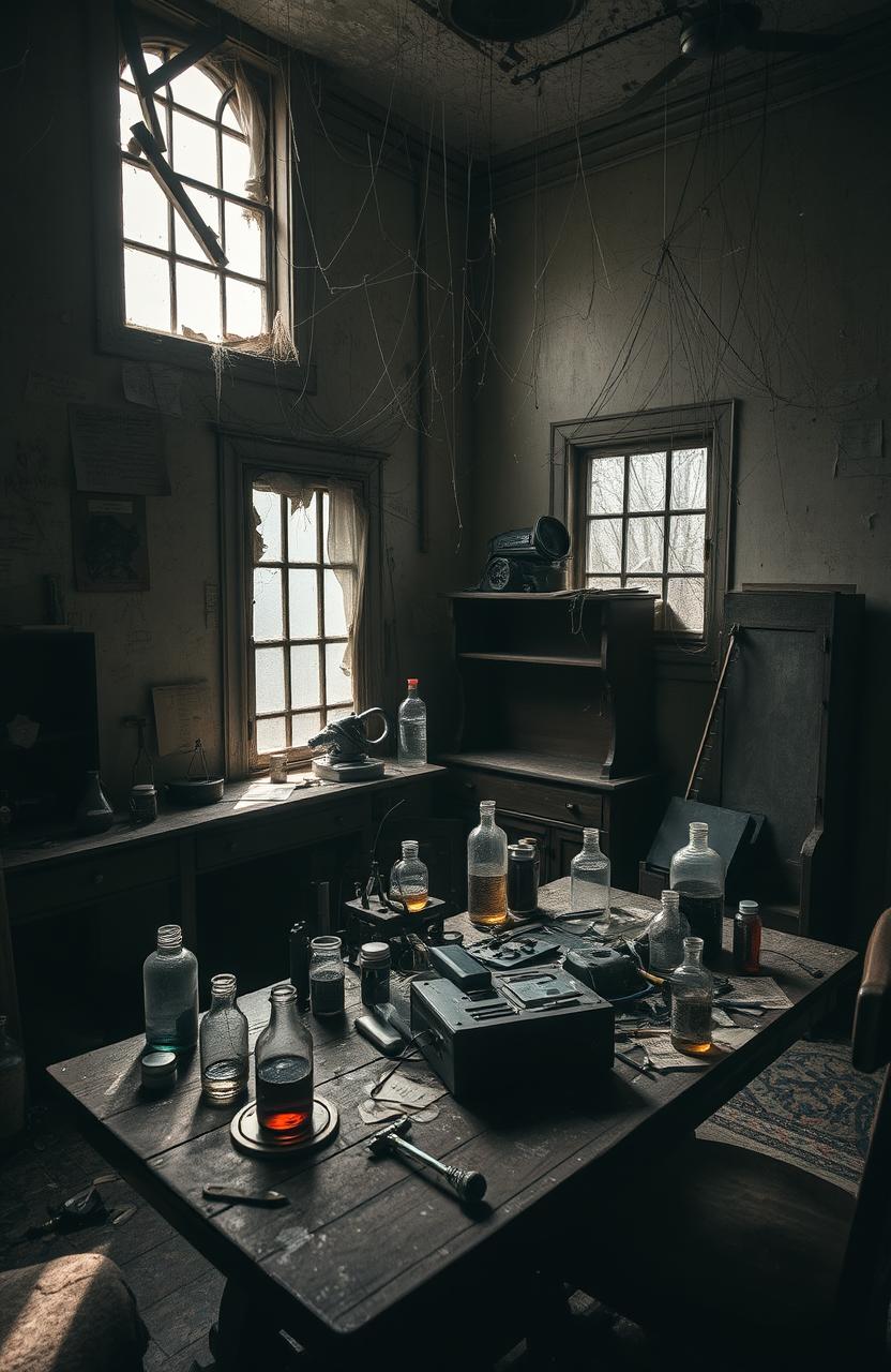 An eerie, abandoned house interior filled with various scientific experiments scattered throughout