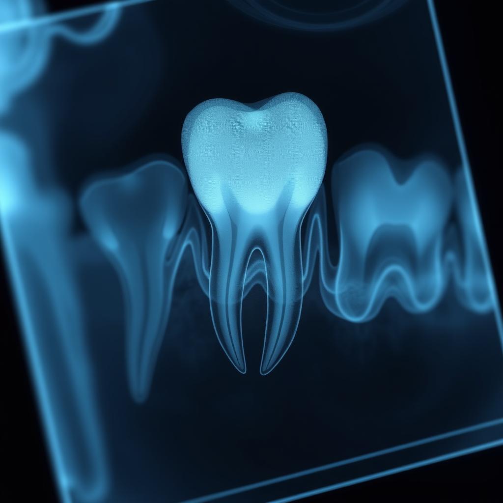 A highly detailed digital adjustment of a dental X-ray image showcasing a clear view of a tooth under examination